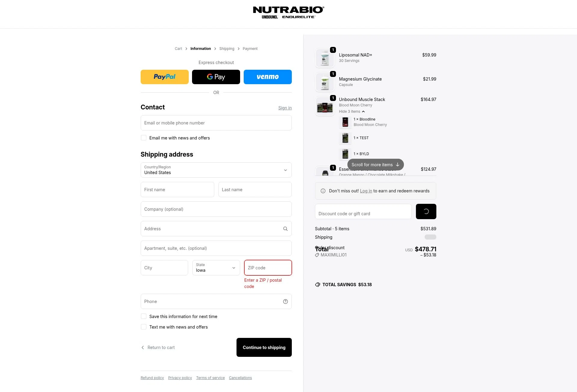 NutraBio checkout page showing NutraBio discount code box | Screenshot taken by SimplyCodes community member on Feb 6, 2026