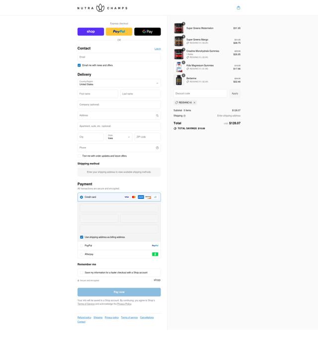 NutraChamps checkout page showing NutraChamps promo code box | Screenshot taken by SimplyCodes community member on Sep 9, 2025