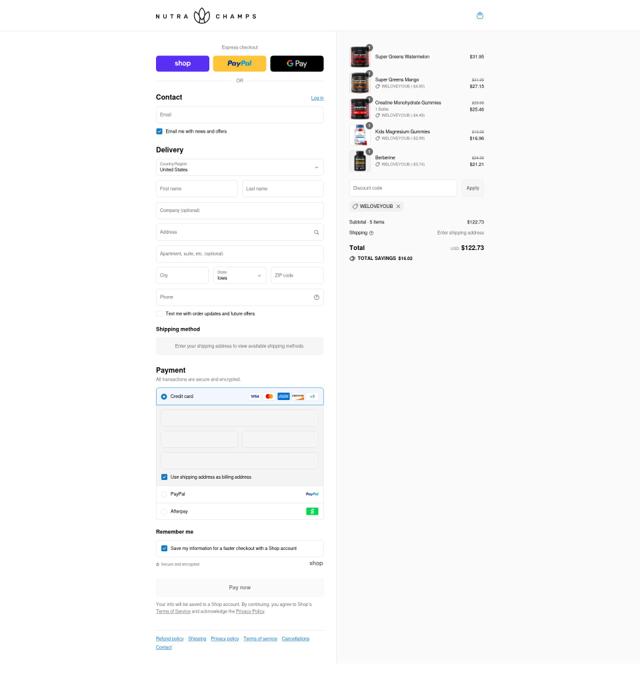 NutraChamps checkout page showing NutraChamps promo code box | Screenshot taken by SimplyCodes community member on Sep 9, 2025