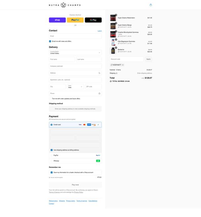 NutraChamps checkout page showing NutraChamps promo code box | Screenshot taken by SimplyCodes community member on Sep 9, 2025