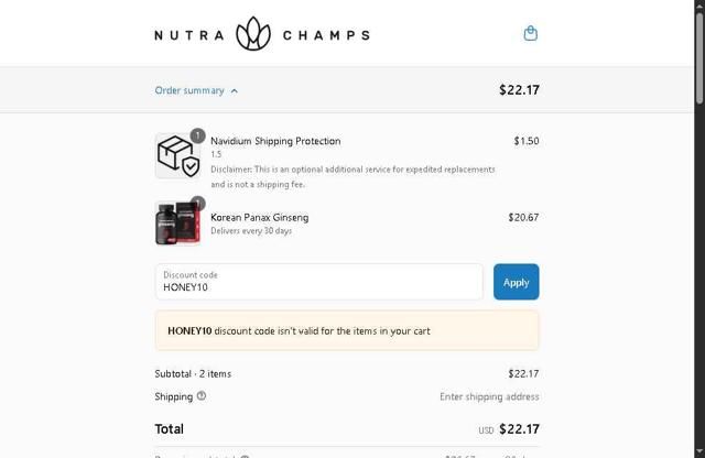 NutraChamps checkout page showing NutraChamps promo code box | Screenshot taken by SimplyCodes community member on Sep 9, 2025