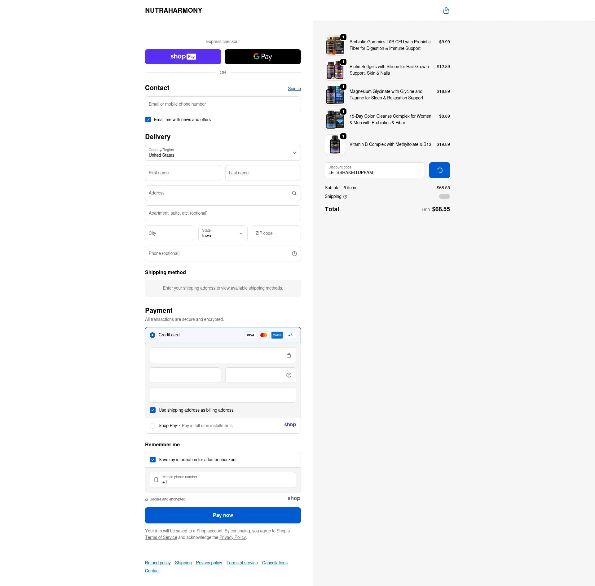 NutraHarmony checkout page showing NutraHarmony promo code box | Screenshot taken by SimplyCodes community member on Jan 10, 2026