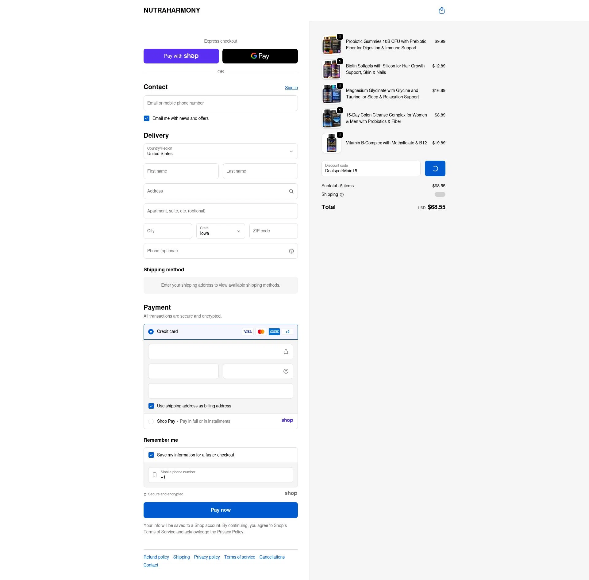 NutraHarmony checkout page showing NutraHarmony promo code box | Screenshot taken by SimplyCodes community member on Jan 10, 2026