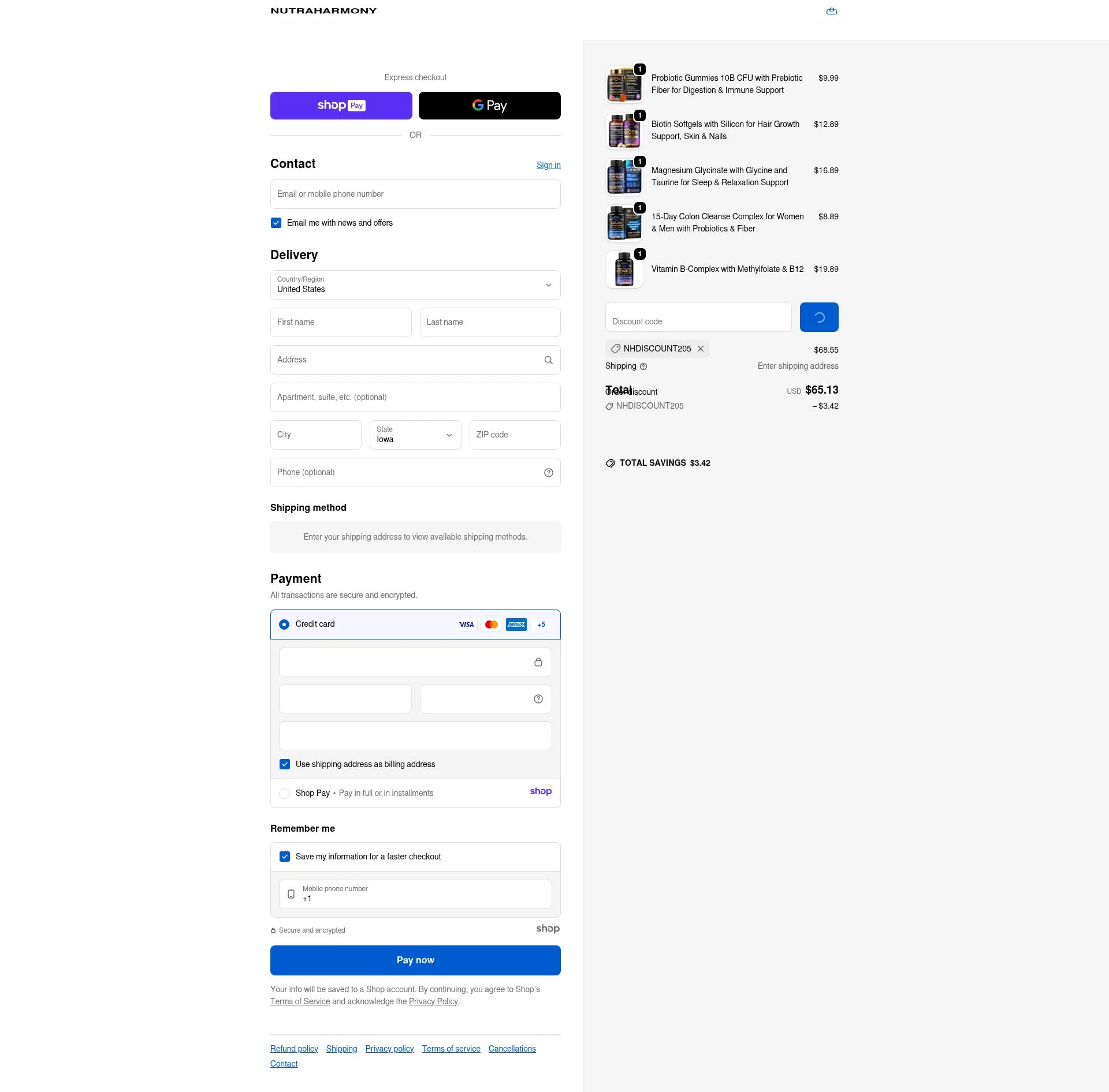 NutraHarmony checkout page showing NutraHarmony promo code box | Screenshot taken by SimplyCodes community member on Jan 10, 2026