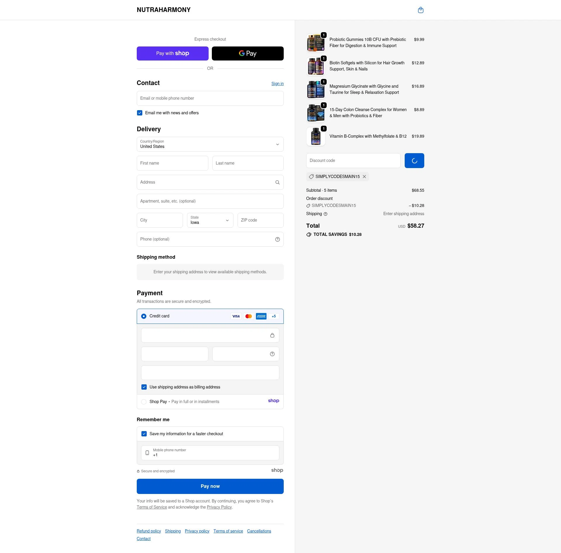 NutraHarmony checkout page showing NutraHarmony promo code box | Screenshot taken by SimplyCodes community member on Jan 10, 2026
