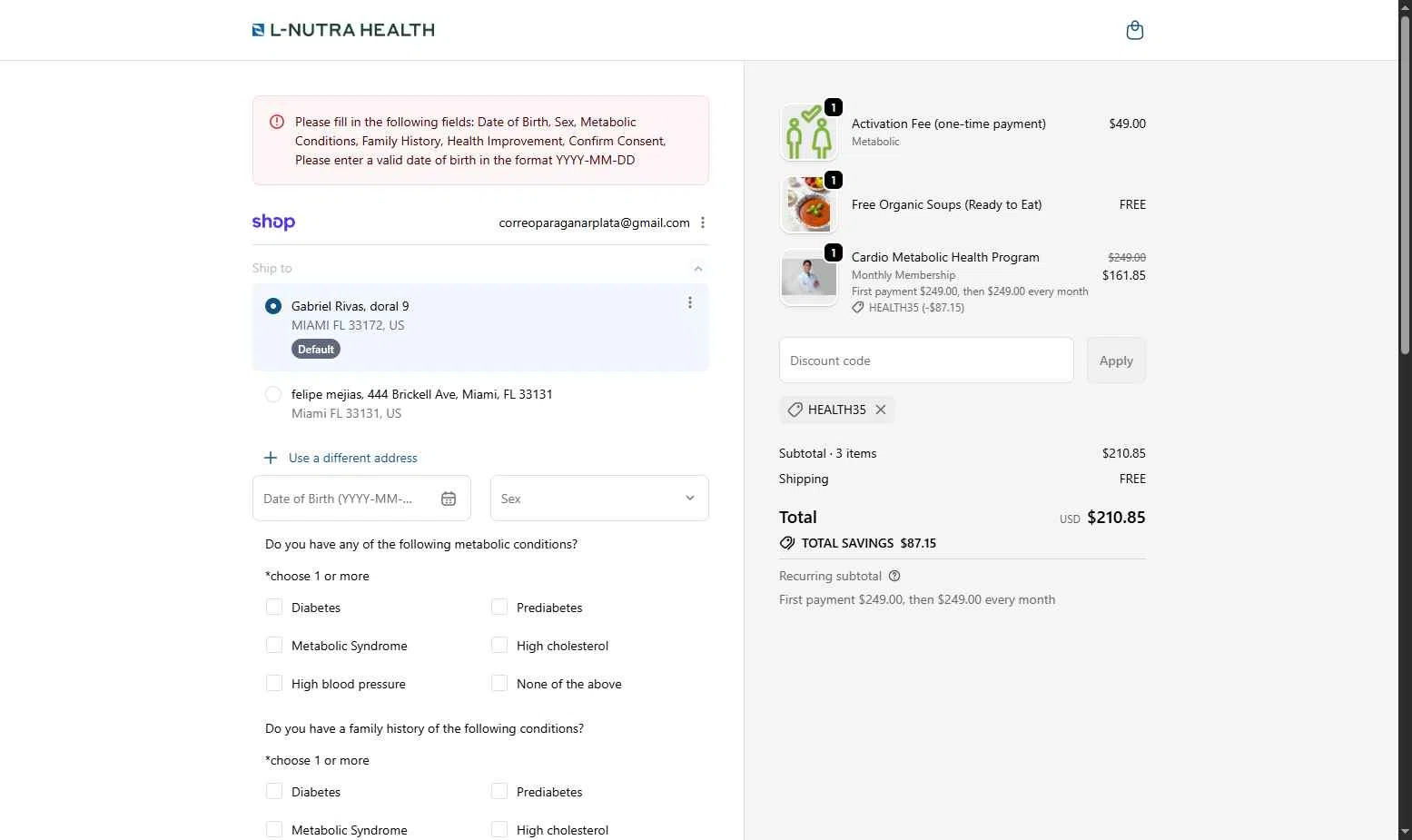 L-Nutra Health checkout page showing L-Nutra Health promo code box | Screenshot taken by SimplyCodes community member on Jan 1, 2026