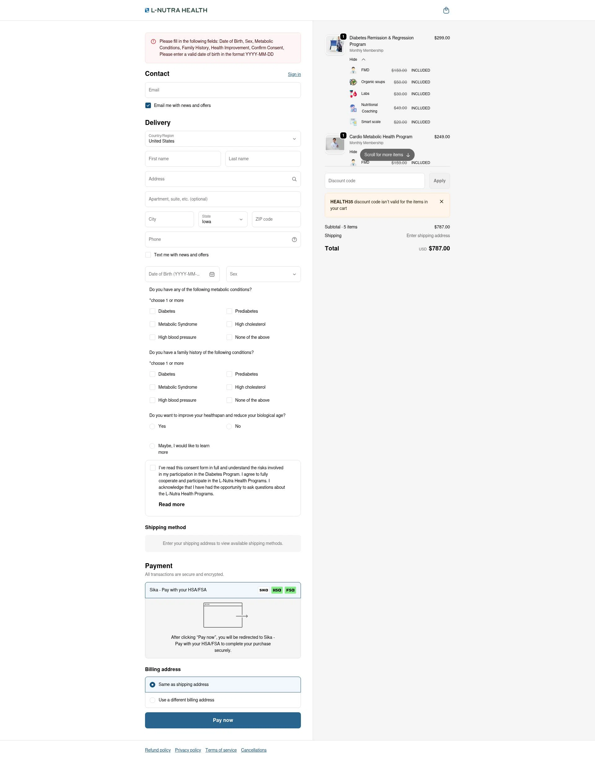 L-Nutra Health checkout page showing L-Nutra Health promo code box | Screenshot taken by SimplyCodes community member on Jan 7, 2026
