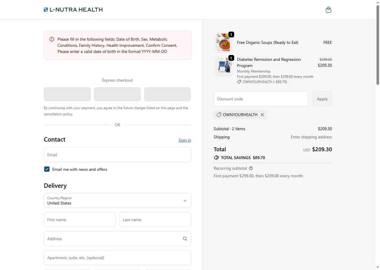 L-Nutra Health checkout page showing L-Nutra Health promo code box | Screenshot taken by SimplyCodes community member on Dec 20, 2025