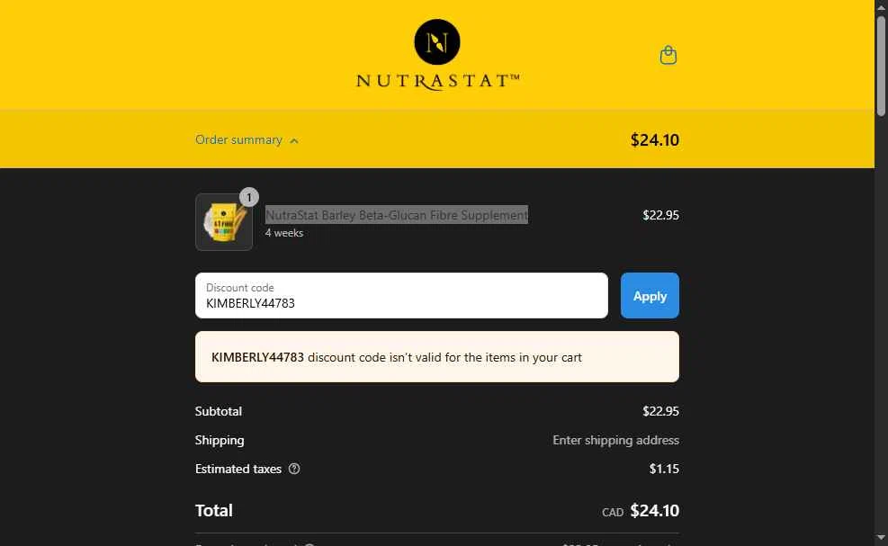 NutraStat checkout page showing NutraStat discount code box | Screenshot taken by SimplyCodes community member on Jul 28, 2025
