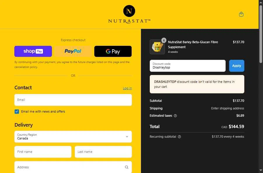 NutraStat checkout page showing NutraStat discount code box | Screenshot taken by SimplyCodes community member on Jul 28, 2025