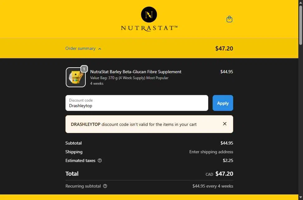 NutraStat checkout page showing NutraStat discount code box | Screenshot taken by SimplyCodes community member on Nov 28, 2025