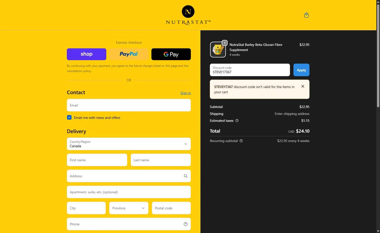 NutraStat checkout page showing NutraStat discount code box | Screenshot taken by SimplyCodes community member on Oct 29, 2025