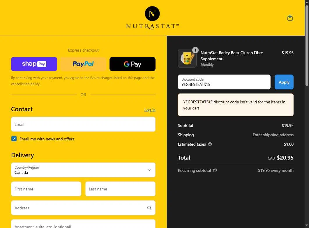 NutraStat checkout page showing NutraStat discount code box | Screenshot taken by SimplyCodes community member on Jul 2, 2025