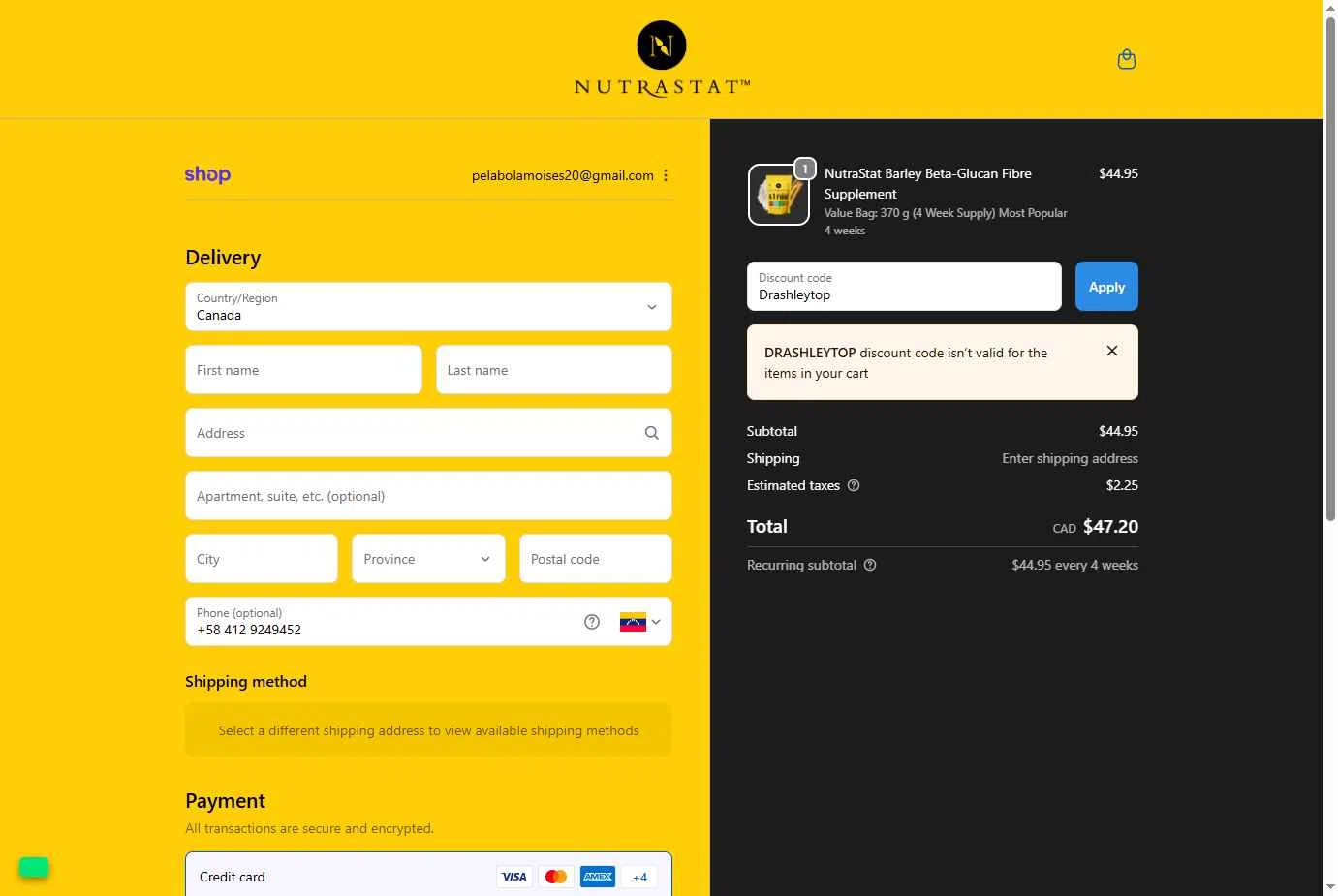 NutraStat checkout page showing NutraStat discount code box | Screenshot taken by SimplyCodes community member on Nov 28, 2025