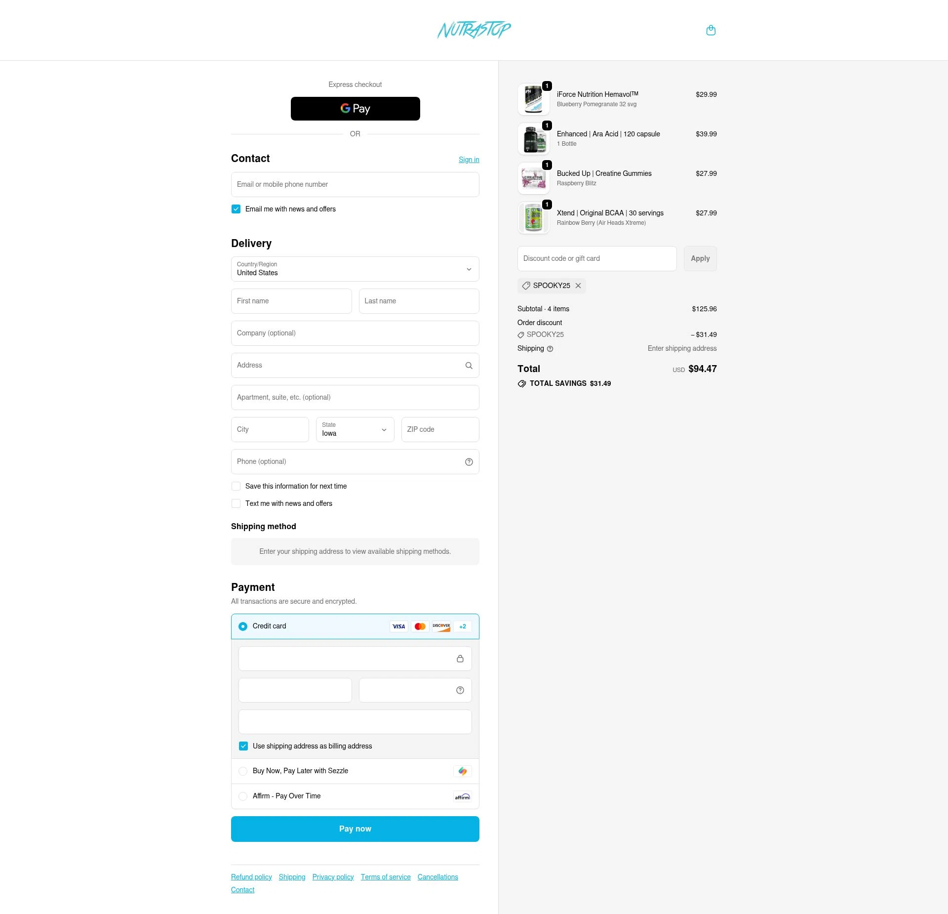 NutraStop checkout page showing NutraStop discount code box | Screenshot taken by SimplyCodes community member on Nov 20, 2025