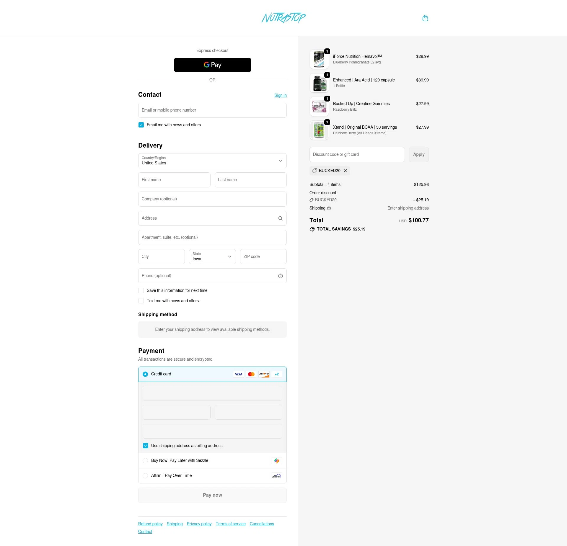 NutraStop checkout page showing NutraStop discount code box | Screenshot taken by SimplyCodes community member on Nov 20, 2025