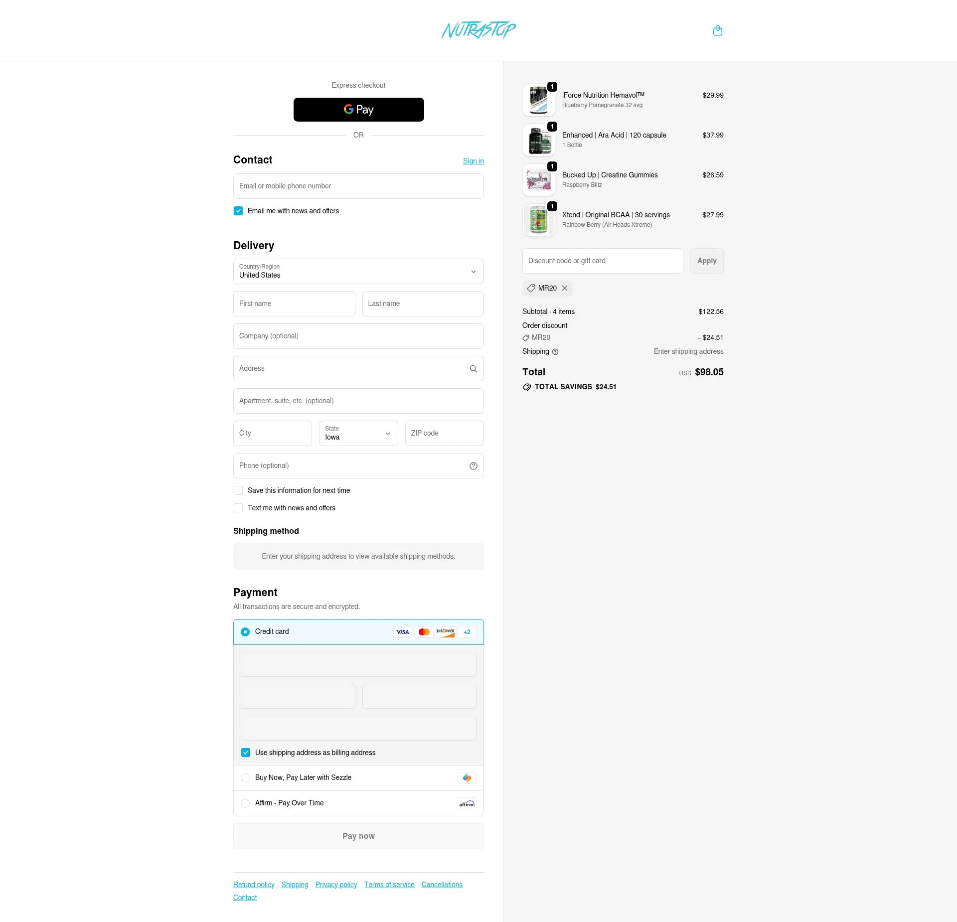 NutraStop checkout page showing NutraStop discount code box | Screenshot taken by SimplyCodes community member on Nov 25, 2025