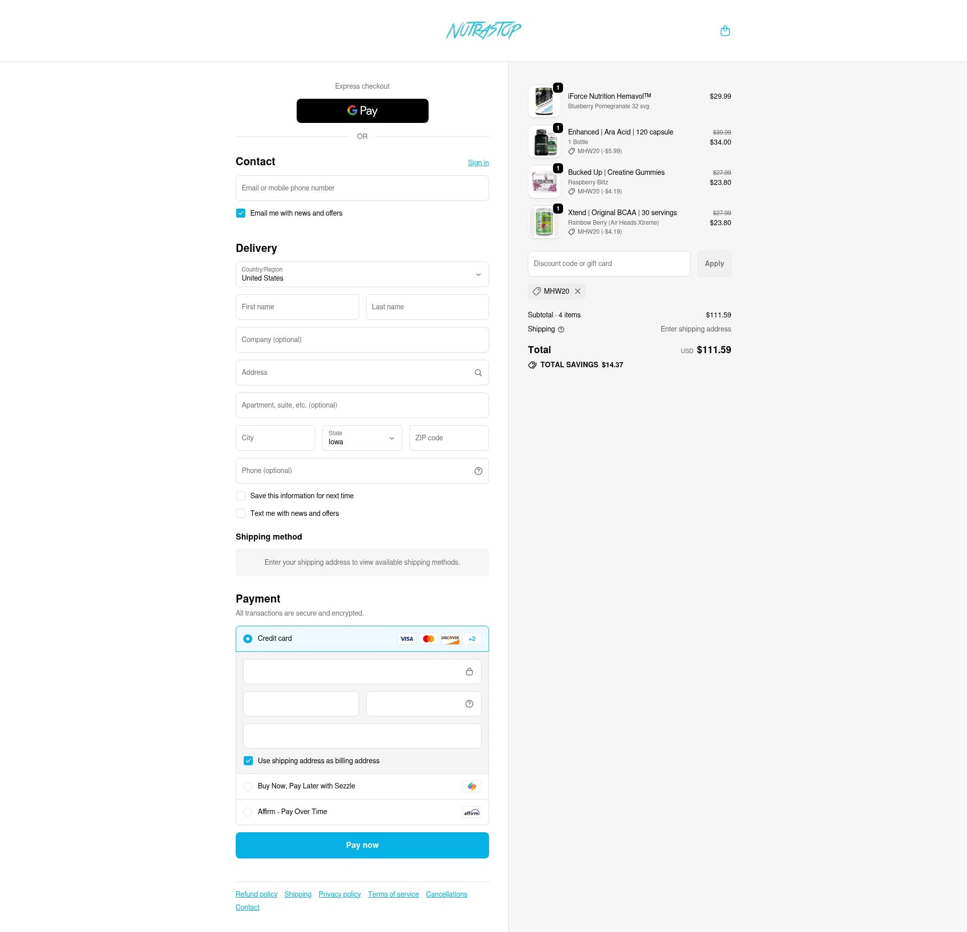 NutraStop checkout page showing NutraStop discount code box | Screenshot taken by SimplyCodes community member on Nov 15, 2025
