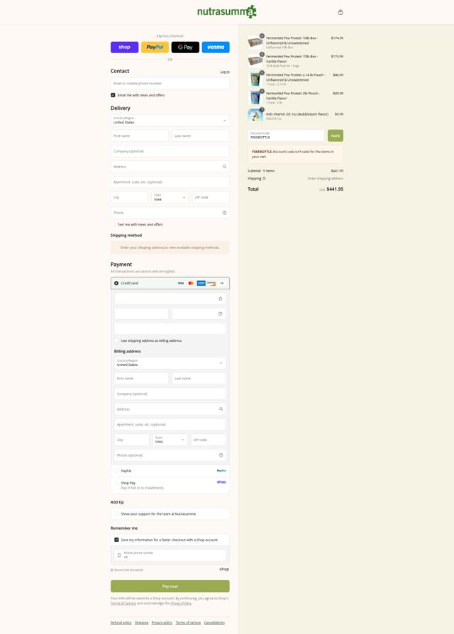 Nutrasumma checkout page showing Nutrasumma discount code box | Screenshot taken by SimplyCodes community member on Sep 4, 2025