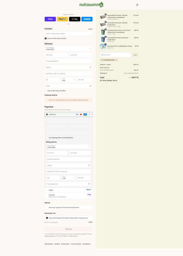 Nutrasumma checkout page showing Nutrasumma discount code box | Screenshot taken by SimplyCodes community member on Sep 9, 2025
