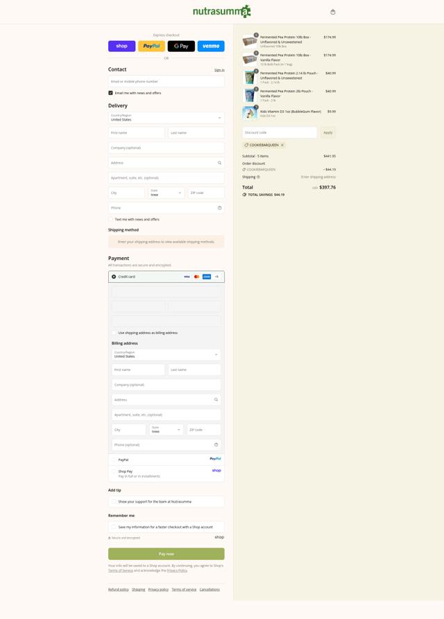 Nutrasumma checkout page showing Nutrasumma discount code box | Screenshot taken by SimplyCodes community member on Sep 13, 2025