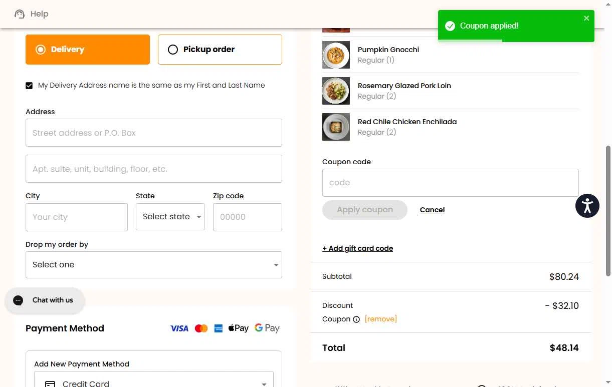 Nutre Meal Plan checkout page showing Nutre Meal Plan promo code box | Screenshot taken by SimplyCodes community member on Feb 4, 2026