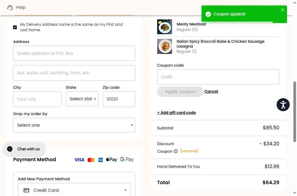 Nutre Meal Plan checkout page showing Nutre Meal Plan promo code box | Screenshot taken by SimplyCodes community member on Feb 2, 2026