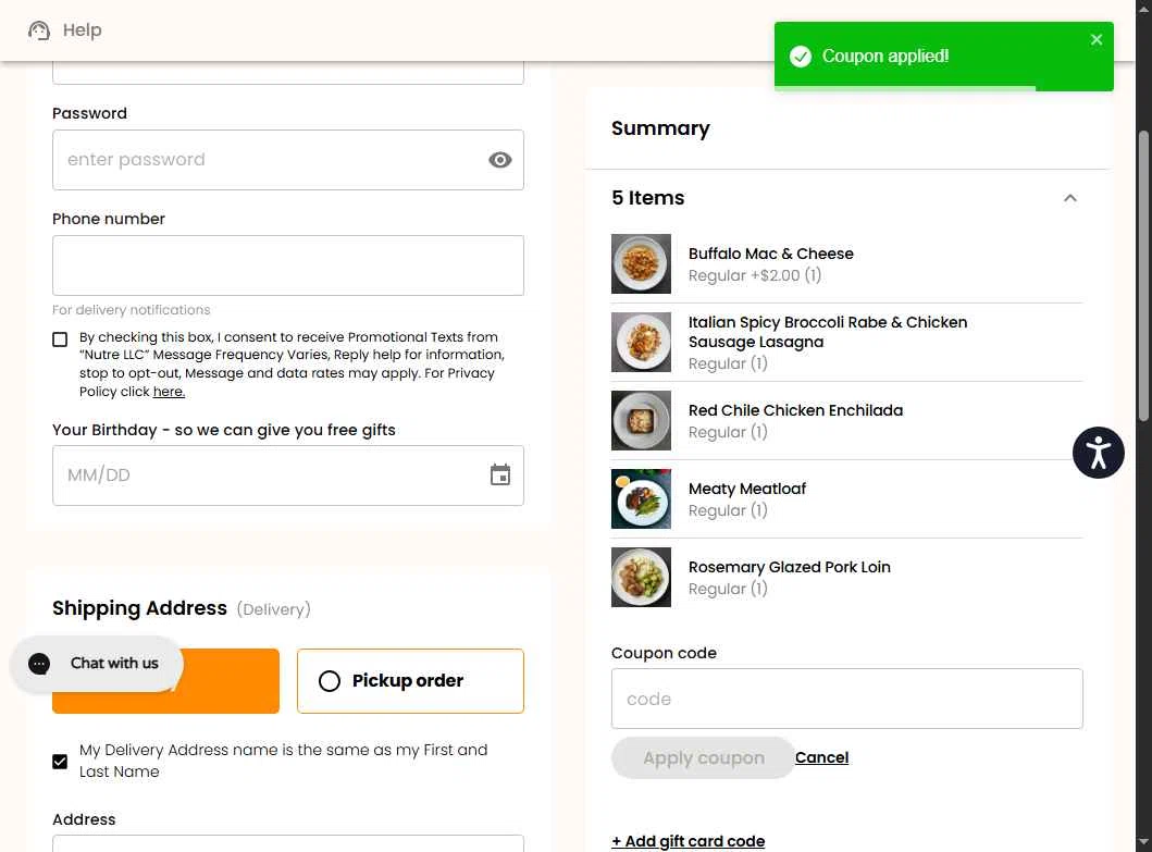 Nutre Meal Plan checkout page showing Nutre Meal Plan promo code box | Screenshot taken by SimplyCodes community member on Feb 3, 2026