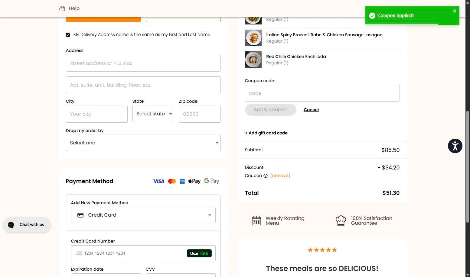 Nutre Meal Plan checkout page showing Nutre Meal Plan promo code box | Screenshot taken by SimplyCodes community member on Jan 27, 2026