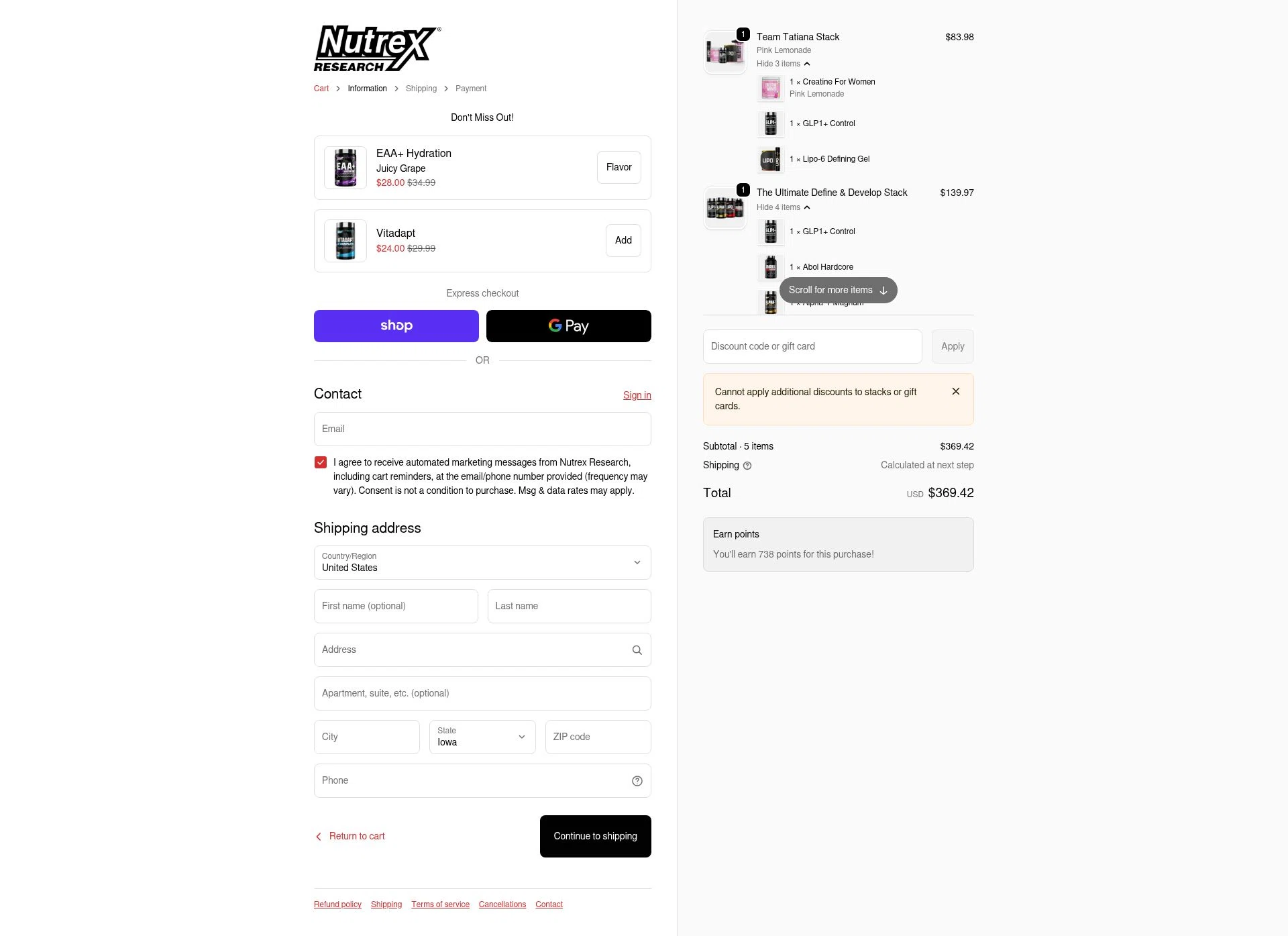 Nutrex Research checkout page showing Nutrex Research coupon code box | Screenshot taken by SimplyCodes community member on Feb 12, 2026