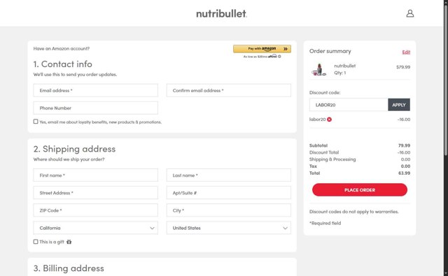 NutriBullet checkout page showing NutriBullet discount code box | Screenshot taken by SimplyCodes community member on Aug 27, 2025