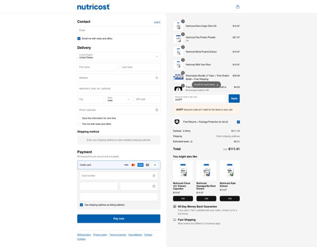 Nutricost checkout page showing Nutricost discount code box | Screenshot taken by SimplyCodes community member on Aug 30, 2025