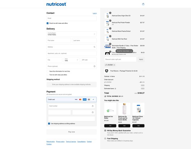 Nutricost checkout page showing Nutricost discount code box | Screenshot taken by SimplyCodes community member on Aug 30, 2025