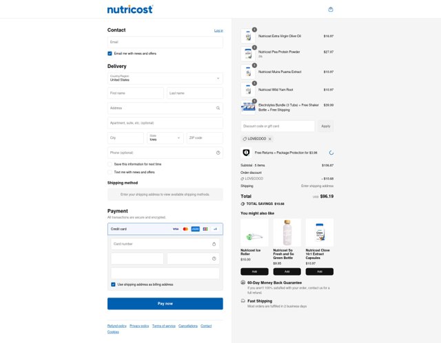 Nutricost checkout page showing Nutricost discount code box | Screenshot taken by SimplyCodes community member on Aug 30, 2025