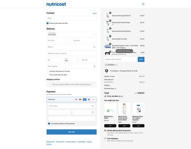Nutricost checkout page showing Nutricost discount code box | Screenshot taken by SimplyCodes community member on Aug 30, 2025