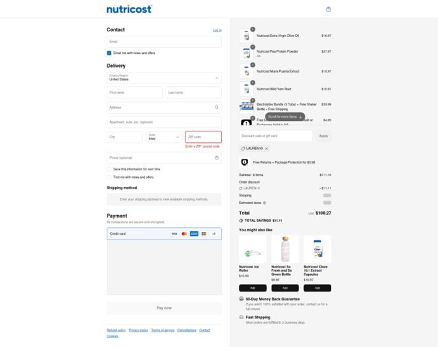 Nutricost checkout page showing Nutricost discount code box | Screenshot taken by SimplyCodes community member on Sep 3, 2025