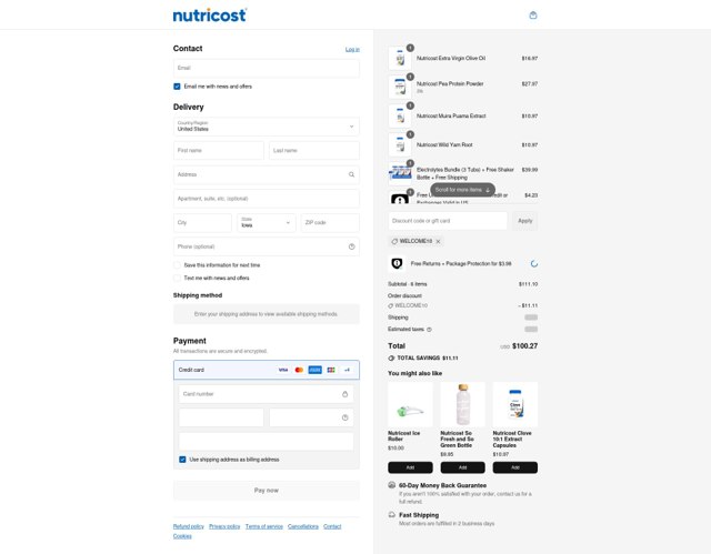 Nutricost checkout page showing Nutricost discount code box | Screenshot taken by SimplyCodes community member on Aug 30, 2025