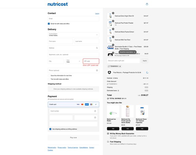 Nutricost checkout page showing Nutricost discount code box | Screenshot taken by SimplyCodes community member on Sep 3, 2025