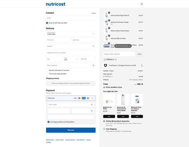 Nutricost checkout page showing Nutricost discount code box | Screenshot taken by SimplyCodes community member on Aug 30, 2025