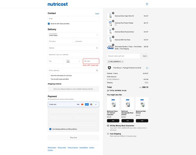 Nutricost checkout page showing Nutricost discount code box | Screenshot taken by SimplyCodes community member on Sep 3, 2025