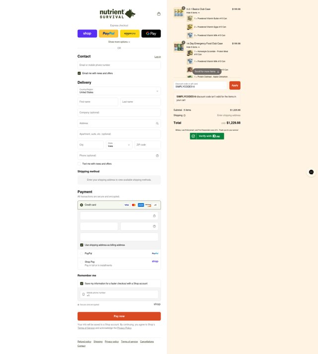 Nutrient Survival checkout page showing Nutrient Survival discount code box | Screenshot taken by SimplyCodes community member on Sep 3, 2025