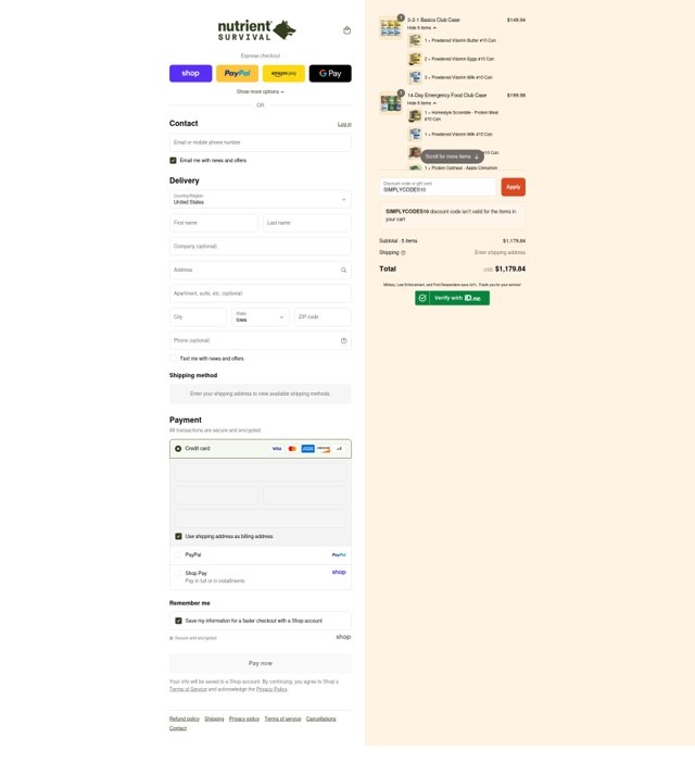 Nutrient Survival checkout page showing Nutrient Survival discount code box | Screenshot taken by SimplyCodes community member on Aug 30, 2025