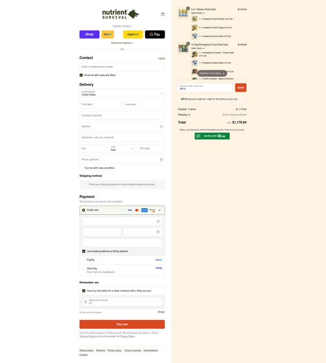 Nutrient Survival checkout page showing Nutrient Survival discount code box | Screenshot taken by SimplyCodes community member on Aug 30, 2025