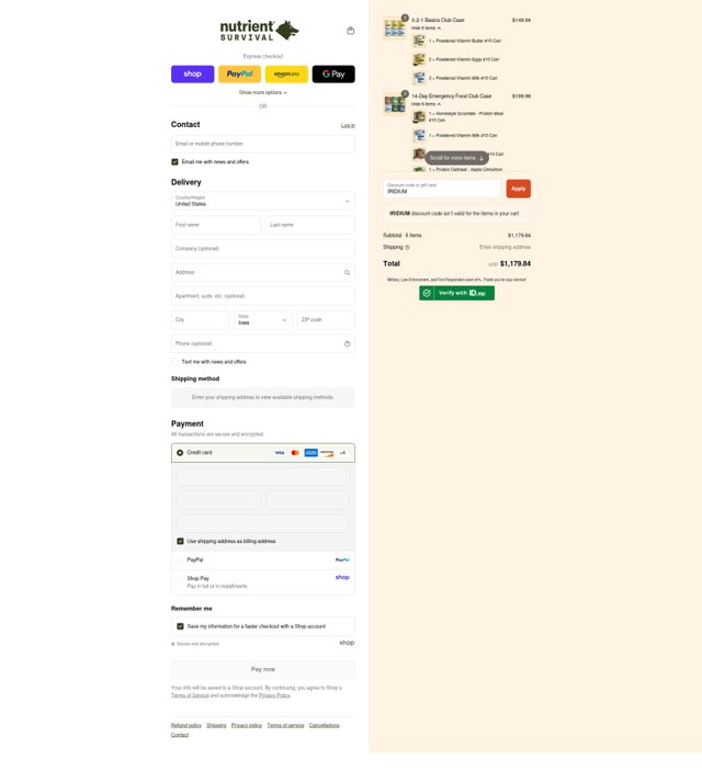 Nutrient Survival checkout page showing Nutrient Survival discount code box | Screenshot taken by SimplyCodes community member on Aug 30, 2025