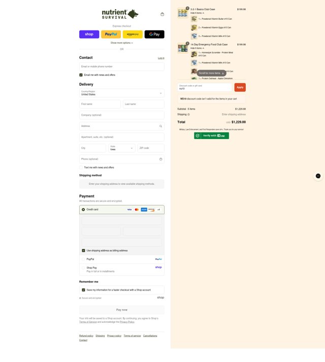 Nutrient Survival checkout page showing Nutrient Survival discount code box | Screenshot taken by SimplyCodes community member on Sep 3, 2025