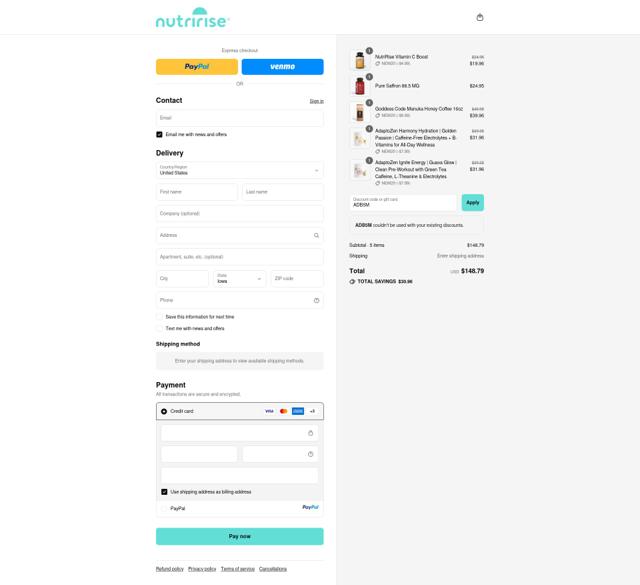 NutriRise checkout page showing NutriRise coupon code box | Screenshot taken by SimplyCodes community member on Sep 12, 2025