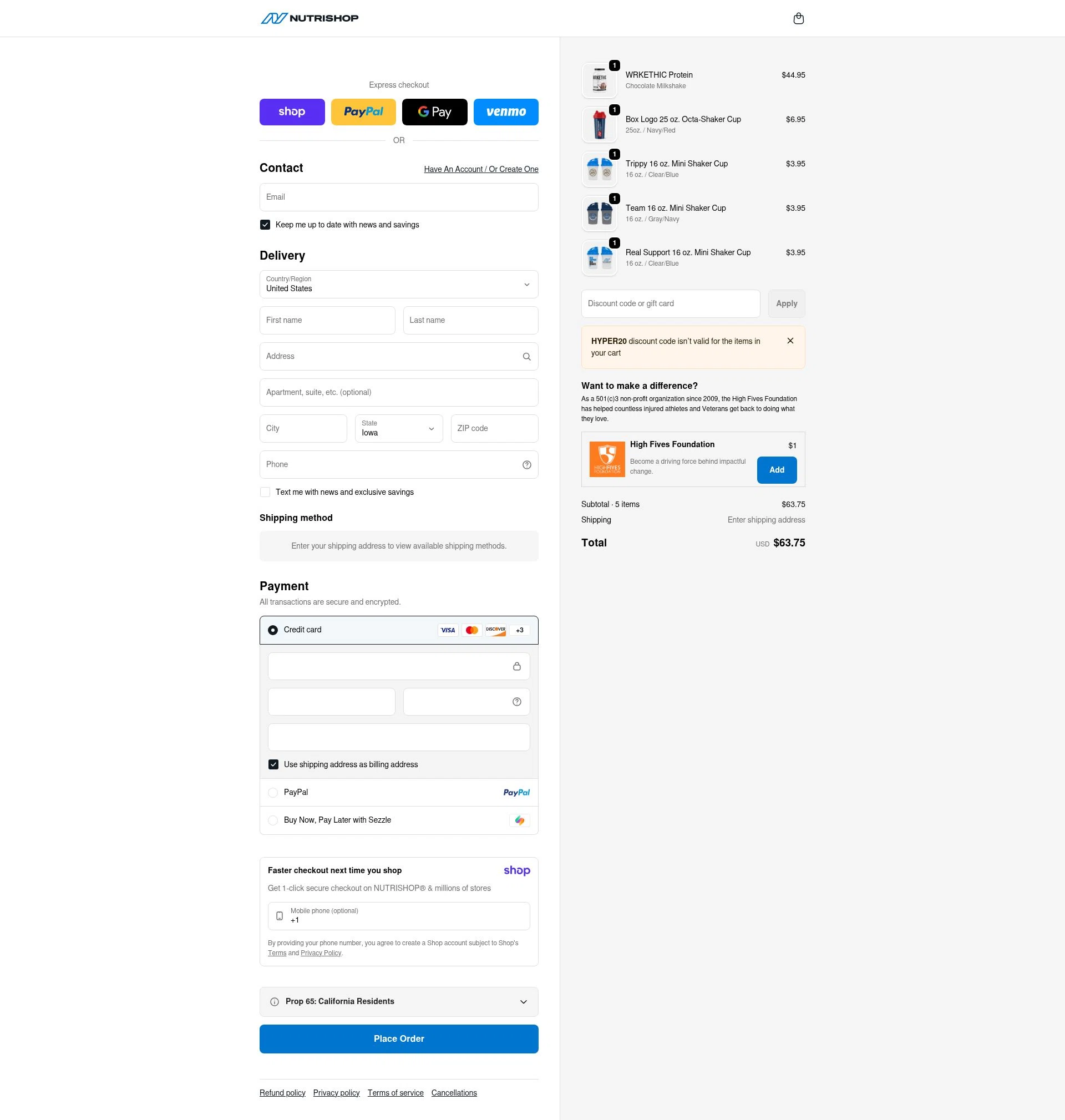 Nutrishop USA checkout page showing Nutrishop USA promo code box | Screenshot taken by SimplyCodes community member on Jan 9, 2026