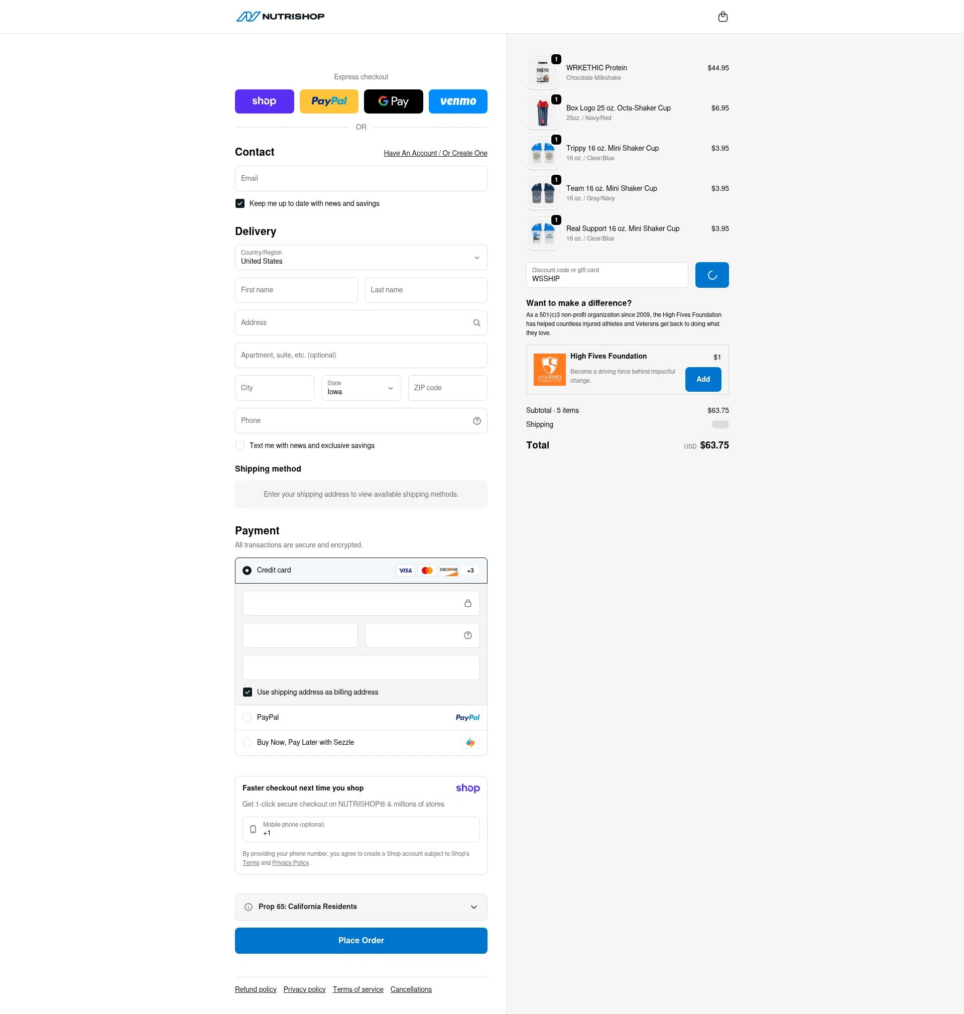 Nutrishop USA checkout page showing Nutrishop USA promo code box | Screenshot taken by SimplyCodes community member on Jan 9, 2026