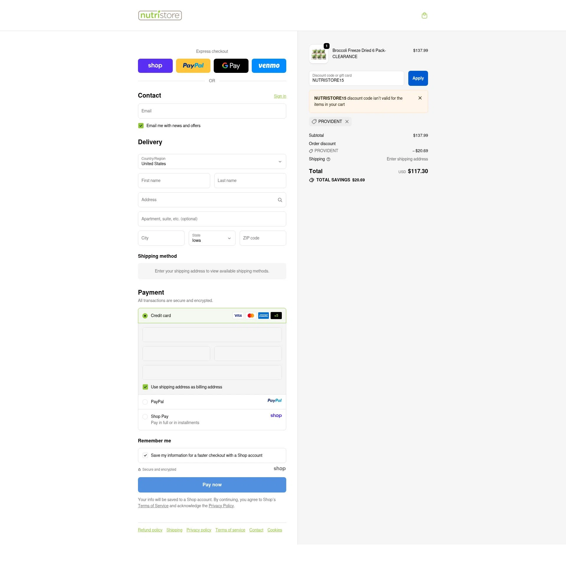 Nutristore Foods checkout page showing Nutristore Foods discount code box | Screenshot taken by SimplyCodes community member on Oct 1, 2025