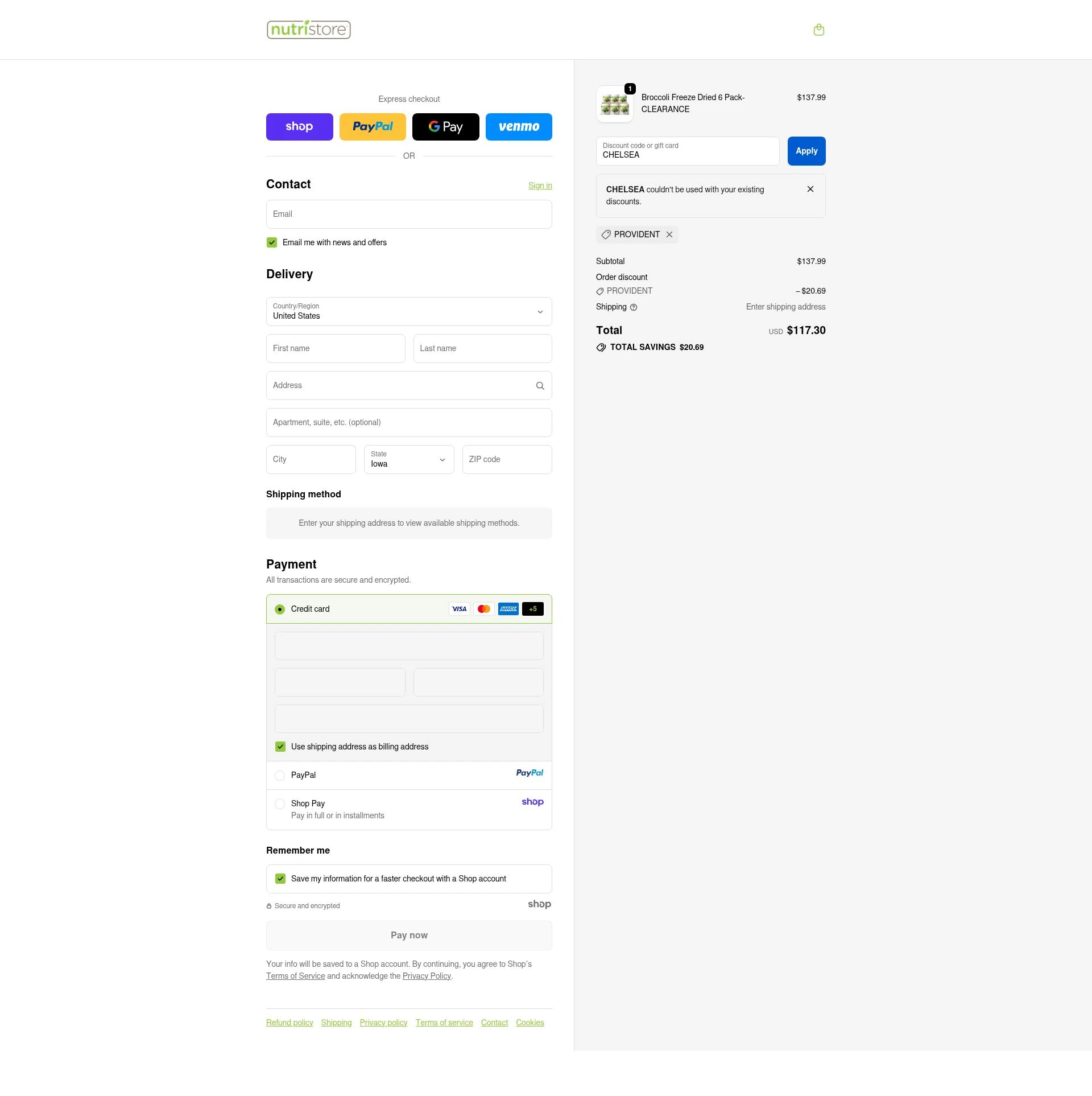 Nutristore Foods checkout page showing Nutristore Foods discount code box | Screenshot taken by SimplyCodes community member on Oct 1, 2025